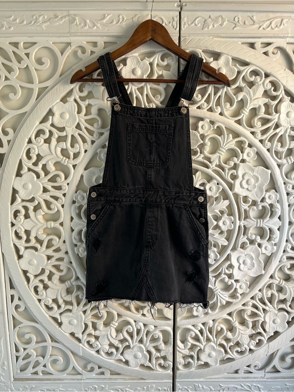 Hollister Black Denim Overall Dress Distressed Embroidered Pocket Size Small